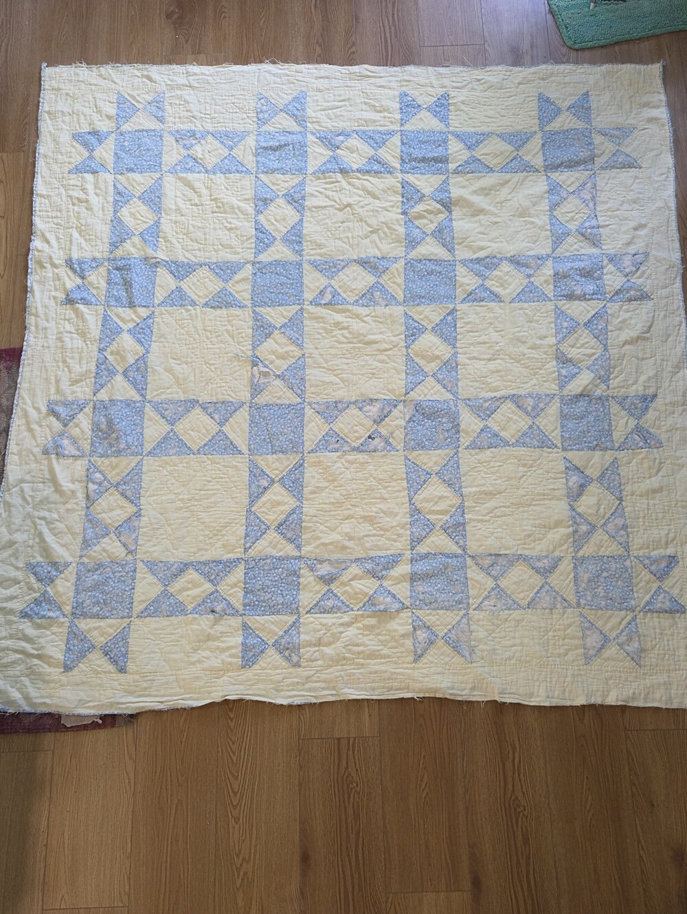 Vintage Blue & White Handmade Star Quilt - 66x66" - Heavily Distressed Primitive